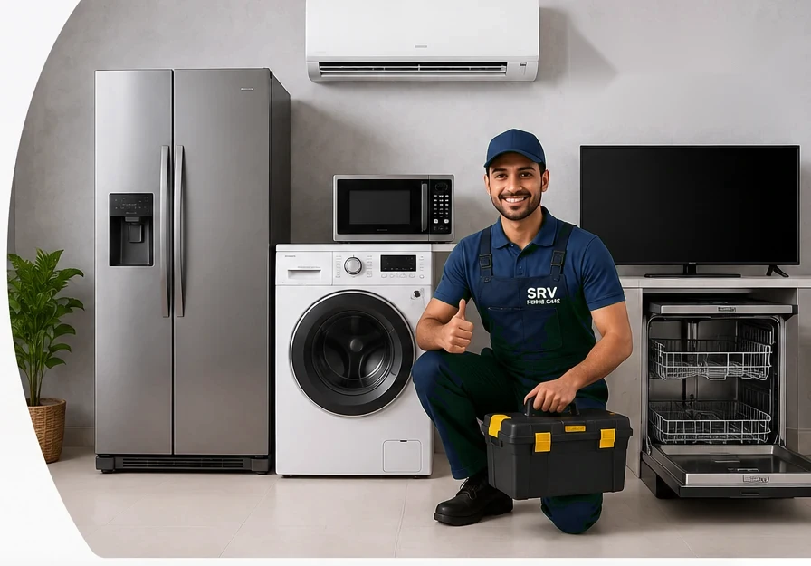 Professional appliance repair technician with refrigerator, washing machine, AC, microwave, television and dishwasher